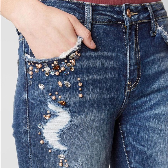 Kancan Mid Rise Skinny Jeweled Jeans 3 